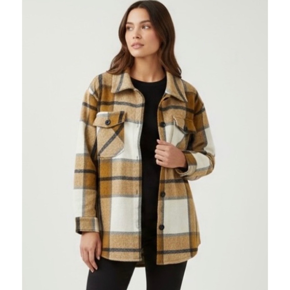Neutral Earth Tones Plaid Button Up Shacket Oversized Small Jacket Layering